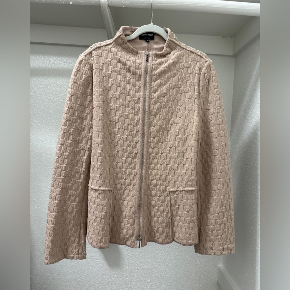 Giorgio Armani Black Label Womens 44 Pink Mock Neck Jacket Full Zip